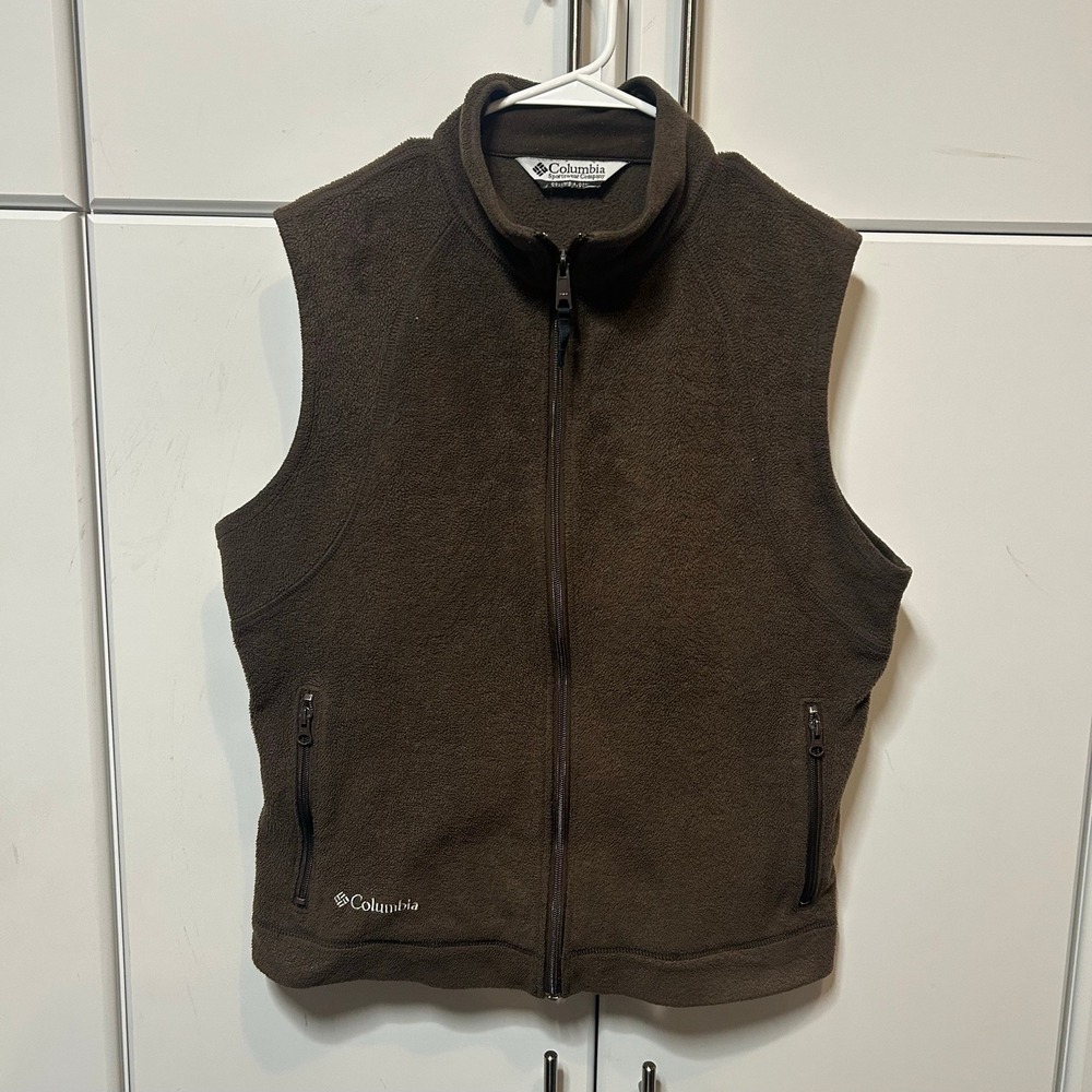 Columbia Mens Brown Full Zip Fleece Vest Sleeveless Jacket Pockets Brown Small